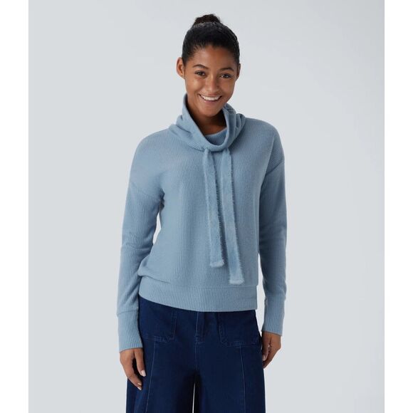 HALARA Cowl Neck Drawstring Long Sleeve Relaxed Waffle Casual Sweater Size Small - Picture 1 of 10